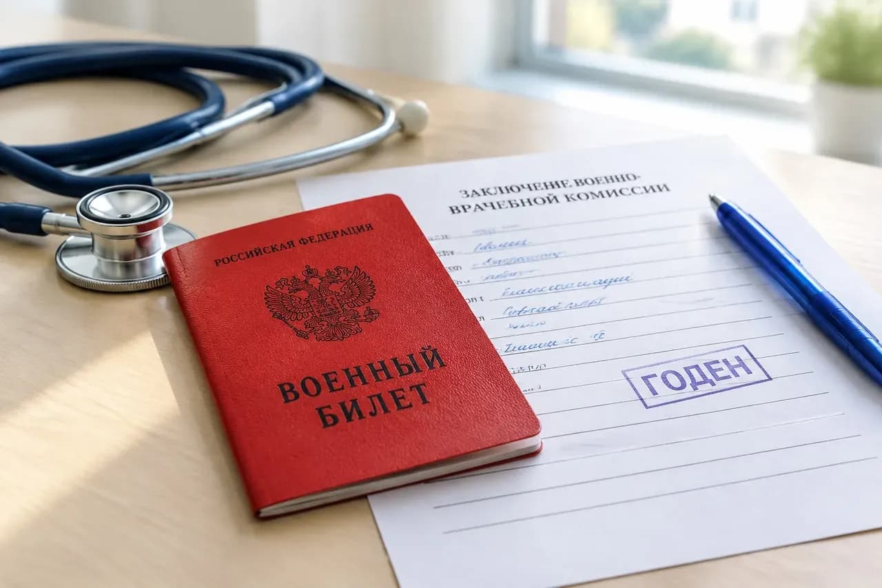 Красный военный билет на заключении военно-врачебной комиссии с печатью «Годен», рядом стетоскоп